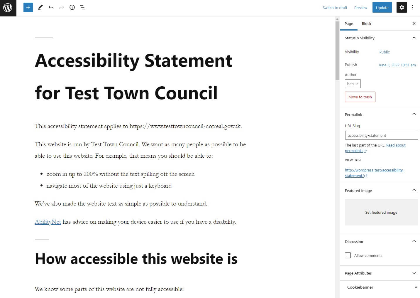 WordPress block editor screenshot showing a demo accessibility statement