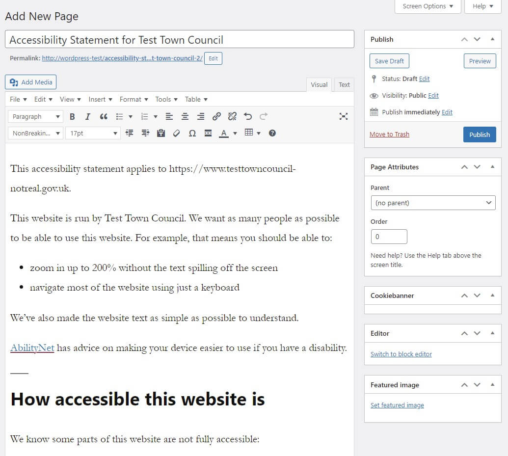 WordPress classic editor screenshot showing a demo accessibility statement